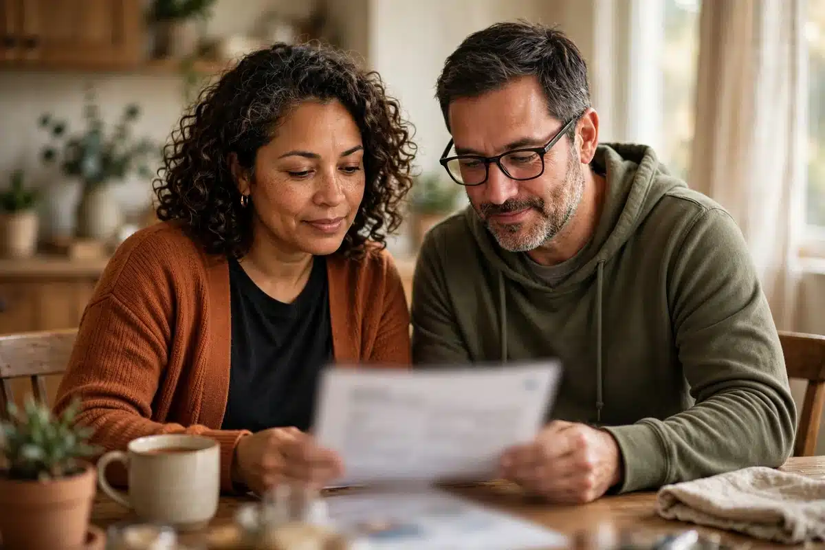 Photo of a couple looking over an insurance statement together at their dining table