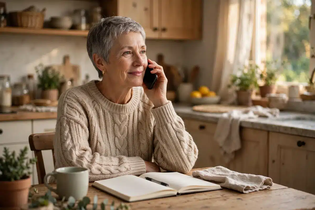 Photo of a woman calling her insurance company from her kitchen, notebook open in front of her