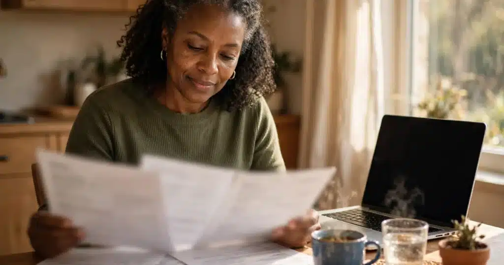 Photo of a woman sitting at a kitchen table reviewing health insurance paperwork with a laptop beside her