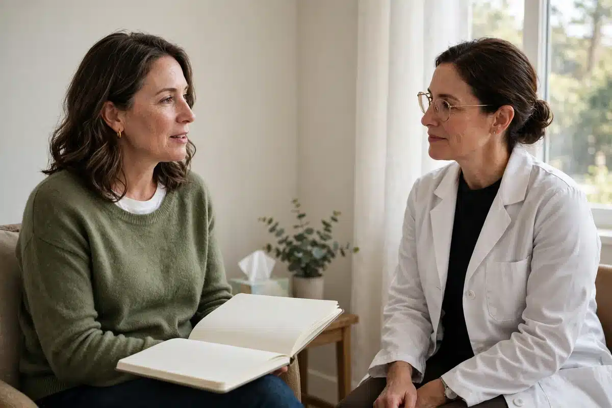 Photo of a woman talking calmly with her doctor in a bright clinic room, a notebook open on her lap