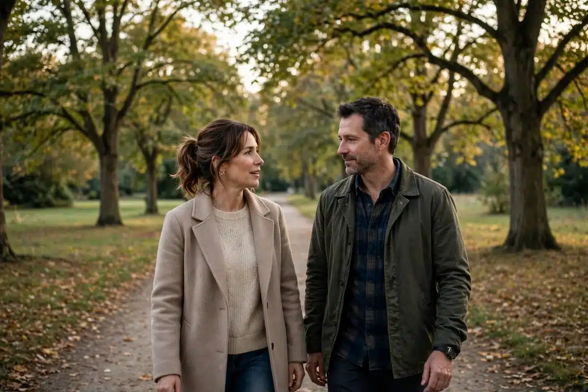Photo of a woman and her partner taking a quiet walk together along a tree-lined park path