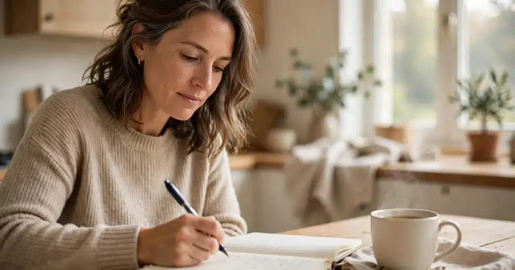 Photo of a woman sitting at her kitchen table at home with a notebook and a cup of tea, calmly writing a short list of questions