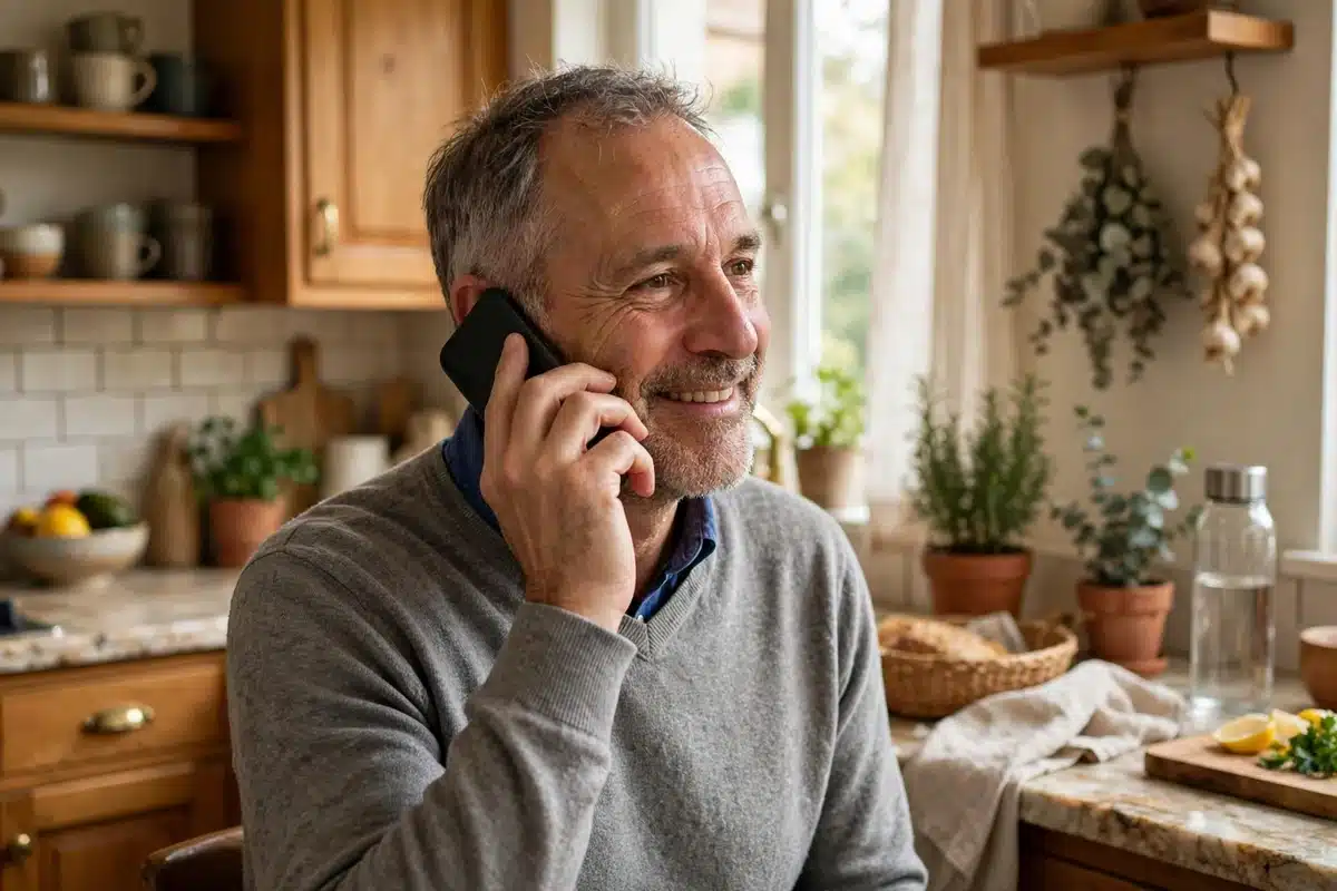 Photo of a man in his 50s talking on the phone with a friend in a warm home kitchen, relieved expression, daylight