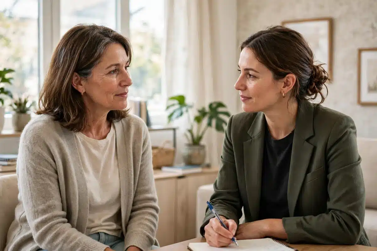 Photo of a woman in her 50s talking with a female counselor in a bright office, calm and supported, natural window light