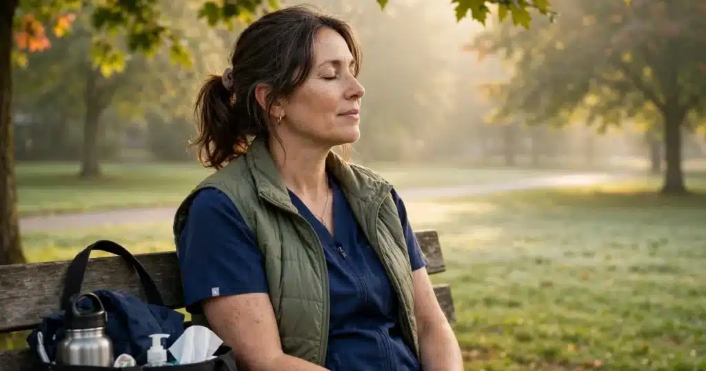 Photo of a woman caregiver in her 40s sitting on a park bench taking a quiet moment for herself in soft morning light, peaceful