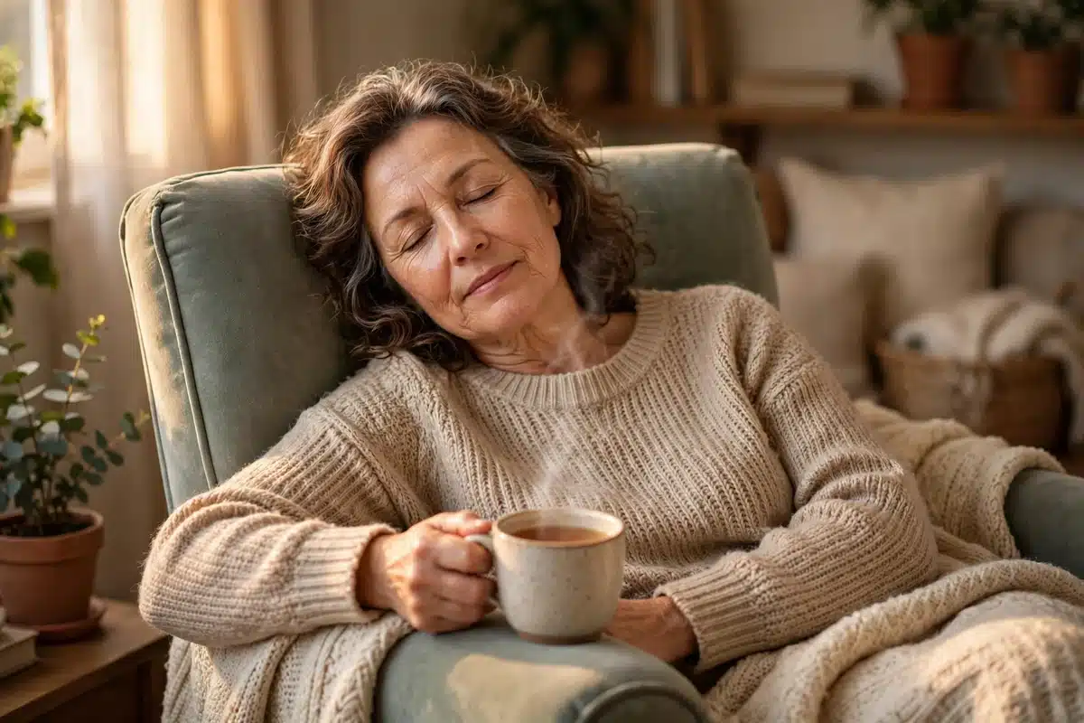 Photo of a woman in her 50s resting in a comfortable armchair at home with a cup of tea, soft warm light, peaceful