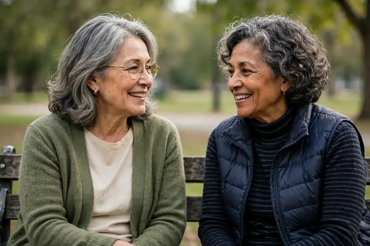 Photo of a woman in her 60s sitting on a park bench with a close friend, talking, relaxed, soft daylight