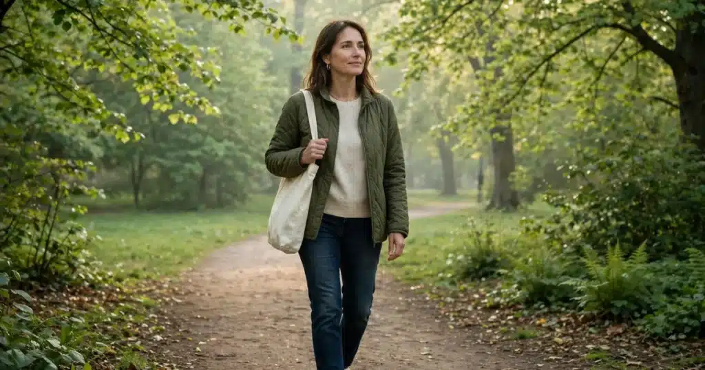 Photo of a woman in her 40s taking a restful walk in a leafy park in soft morning light, calm