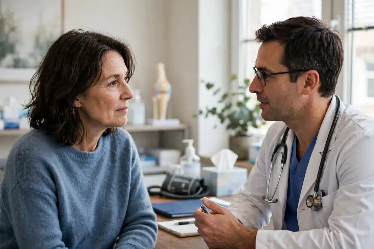 Photo of a woman in her 50s with shoulder-length dark hair talking with her surgeon across a desk in a bright clinic office