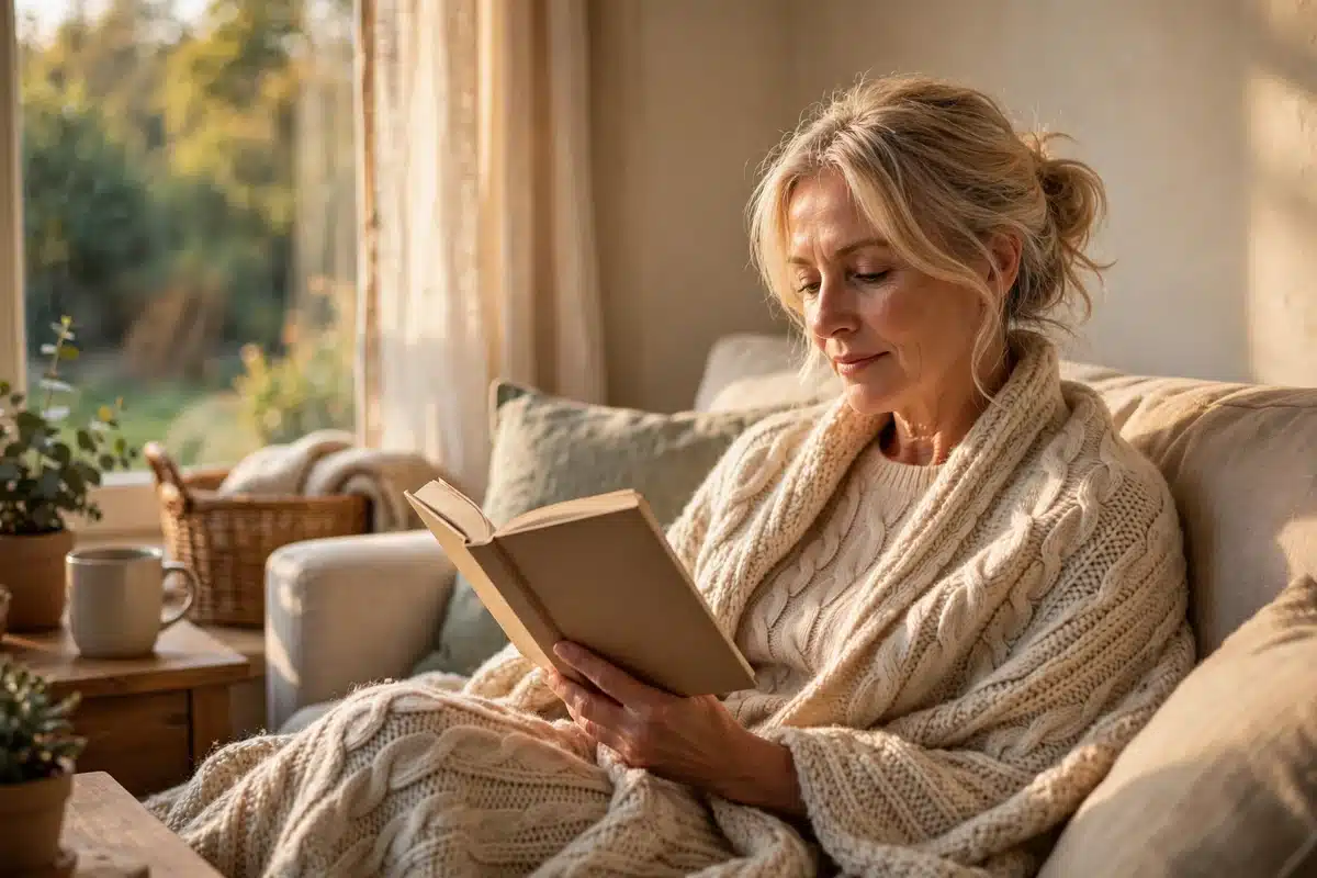 Photo of a woman in her 50s resting on her sofa at home under a soft blanket, reading a book peacefully