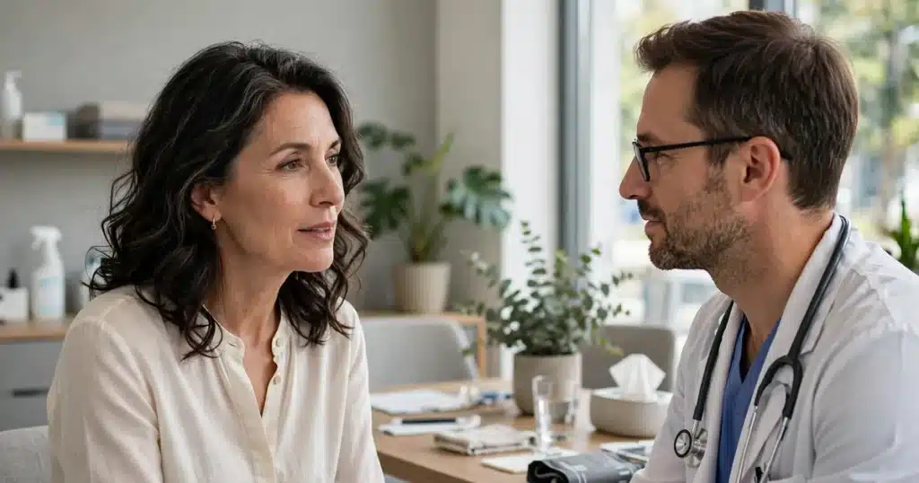 Photo of a woman in her 50s talking with her doctor across a desk in a bright modern clinic office, calm and attentive