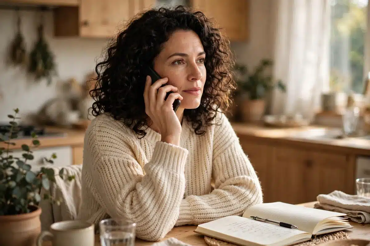 Photo of a woman in her 40s talking on the phone at home, an open notebook on the table beside her