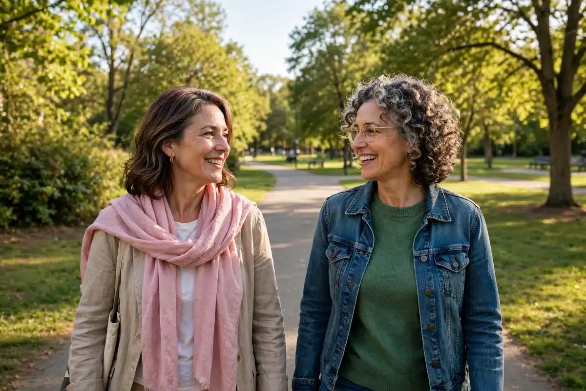 Photo of two women friends walking and talking together in a sunny park, one wearing a soft pink scarf