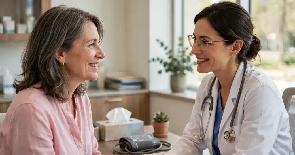 Photo of a woman in her 50s talking with her doctor in a bright clinic office