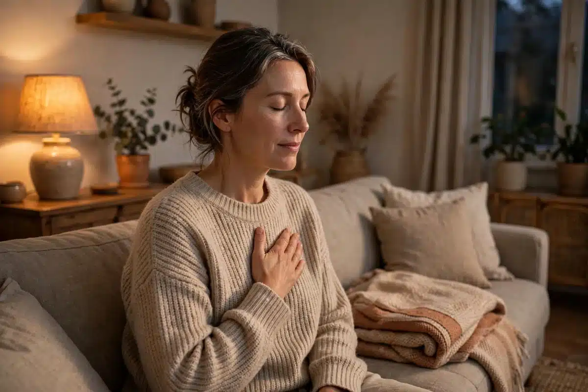 Photo of a woman sitting on her sofa at home in soft evening lamplight, one hand resting on her chest as she breathes slowly to calm herself