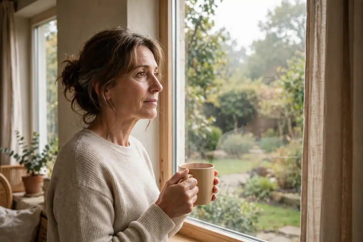 Photo of a woman standing by a window at home holding a warm mug, grounding herself in a quiet moment