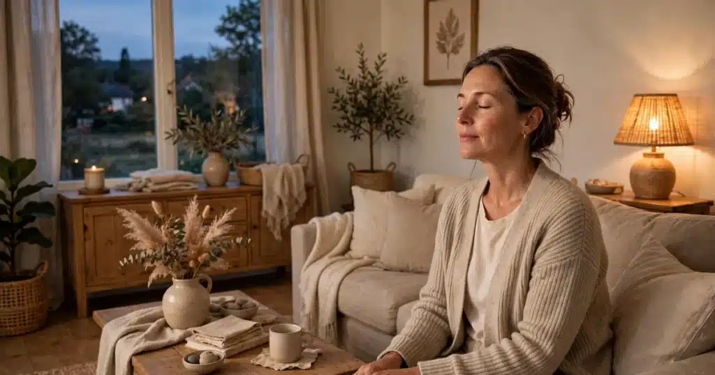 Photo of a woman sitting on her sofa at home, taking a slow calming breath with her hands resting in her lap