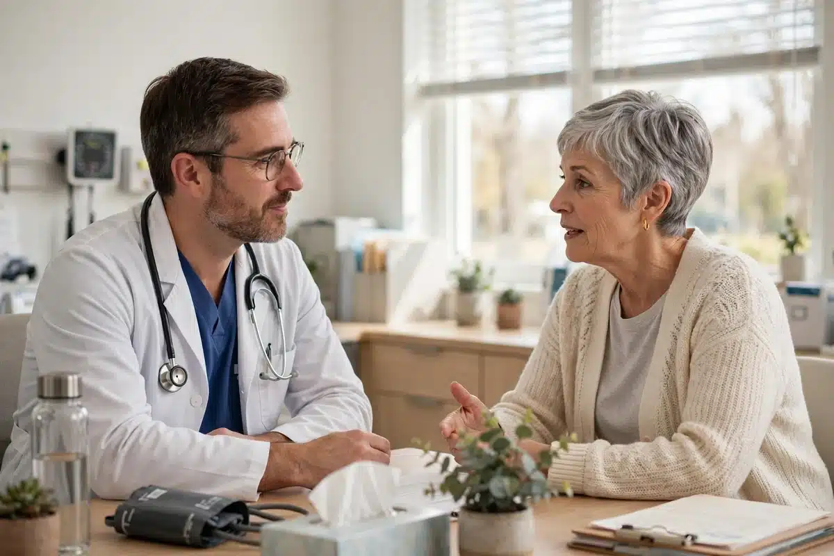 Photo of a woman in her 60s with short silver hair talking with her doctor across a desk in a bright clinic office