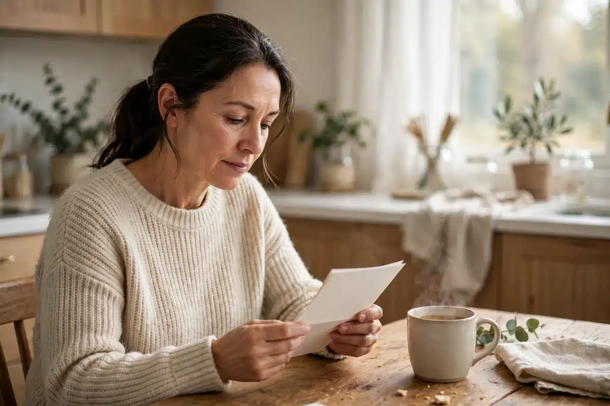 Photo of a woman in her 50s sitting at her kitchen table at home reading a letter in soft morning light