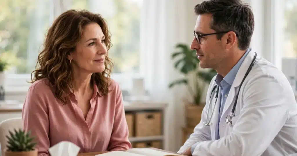 Photo of a woman in her 50s with wavy chestnut hair talking with her doctor across a desk in a bright clinic office