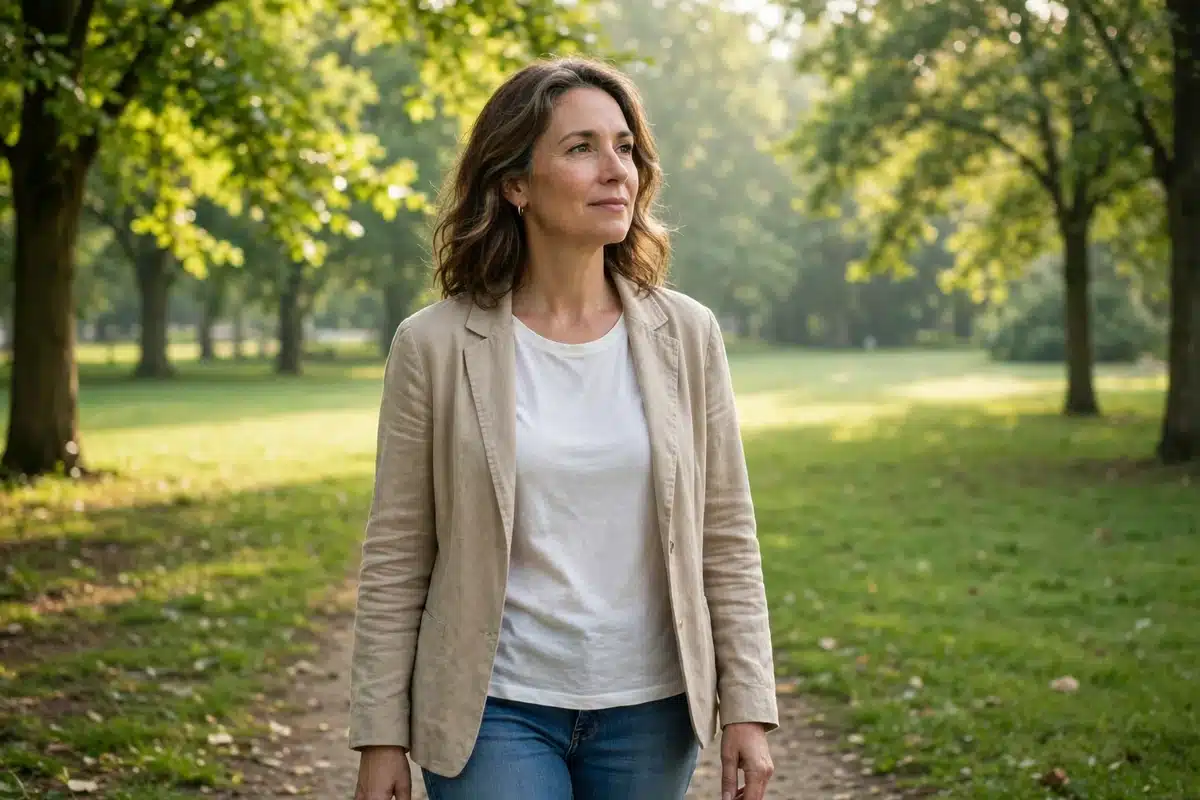 Woman walking peacefully through a sunlit park