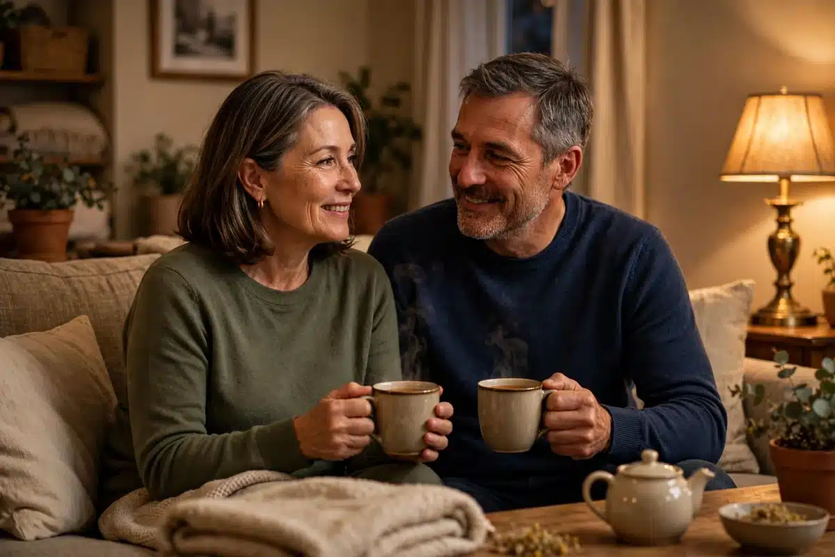 Couple sharing tea together on a sofa at home