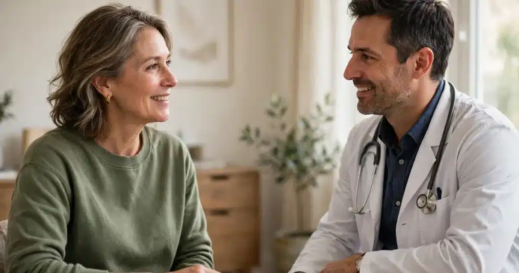 Woman having a calm conversation with her doctor in a bright clinic room