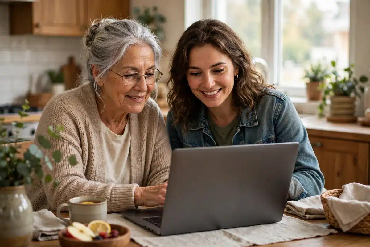 Photo of an older woman with her adult daughter looking at a laptop together at a kitchen table, warm, daylight