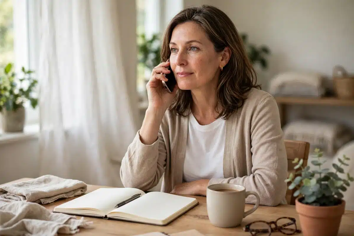 Photo of a woman in her 40s on the phone at her home desk with a notebook beside her, calm, daylight