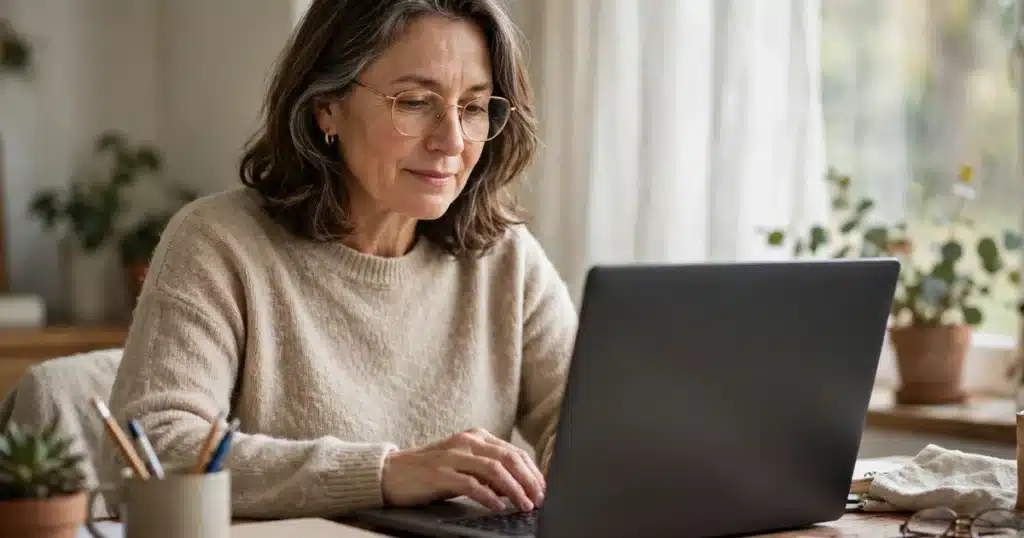 Photo of a woman in her 50s using a laptop at her home desk, calm, soft daylight, screen not readable