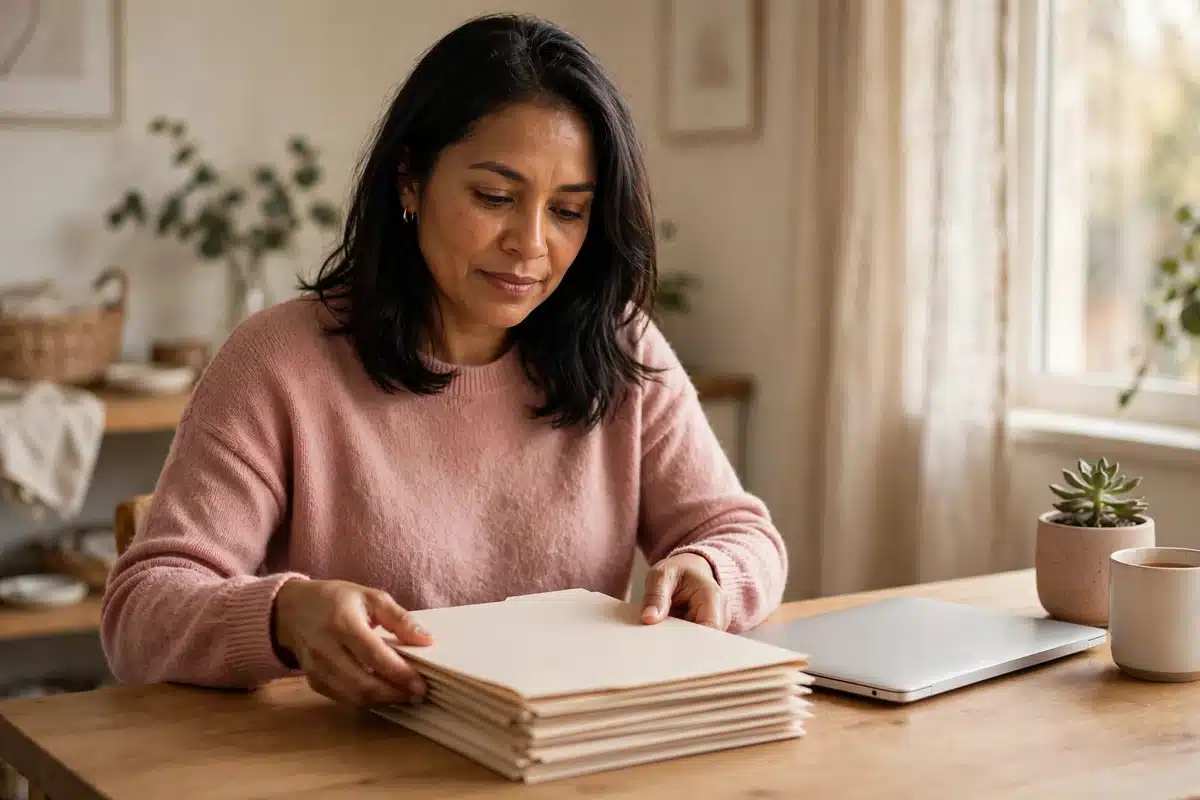 Photo of a woman at home organizing paper folders into a neat stack at a wooden table, with a closed laptop beside her
