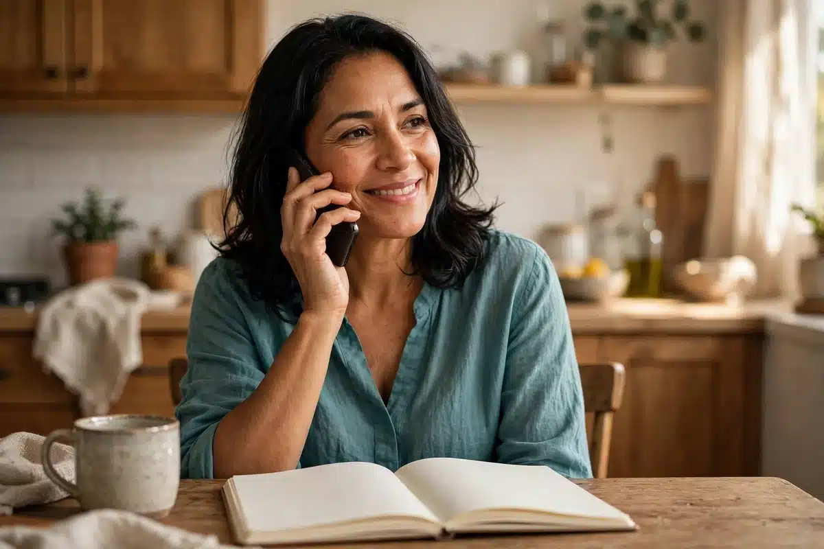 Photo of a woman talking on the phone at home with a relieved smile, an open notebook on the table in front of her