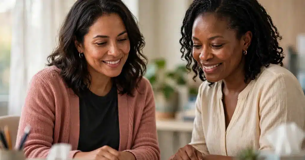 Photo of a woman in a pink cardigan sitting with a hospital financial counselor at a desk, both smiling as they look at a folder together