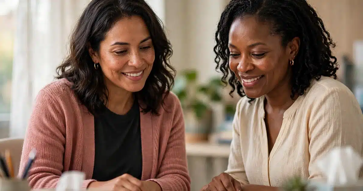 Photo of a woman in a pink cardigan sitting with a hospital financial counselor at a desk, both smiling as they look at a folder together