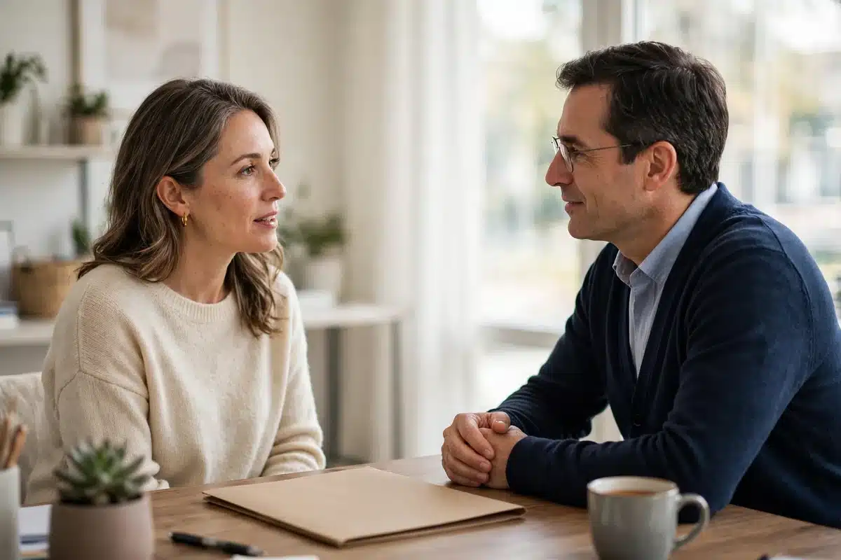 Photo of a woman in her 40s talking with a counsellor across a desk in a bright office, a plain folder between them