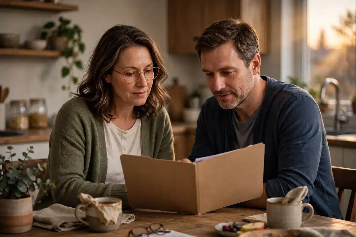 Photo of a woman in her 40s and her partner reviewing a plain folder together at their kitchen table at home, calm and supportive