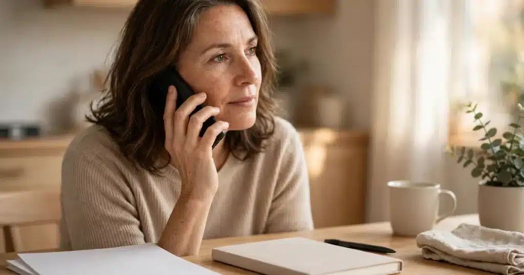 Photo of a woman in her 40s talking on the phone at her kitchen table at home, plain paperwork and a notebook in front of her