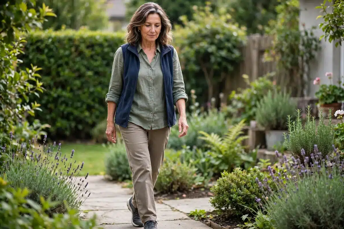 Photo of a woman in her late 50s walking carefully on a flat garden path at home wearing comfortable closed shoes in soft daylight
