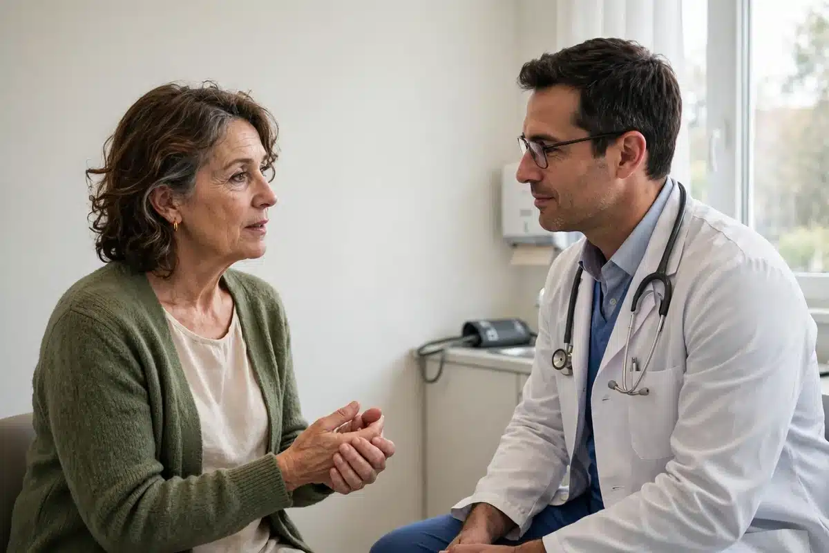 Photo of a woman in her late 50s talking with her doctor in a bright exam room about numbness in her hands, both seated and calm