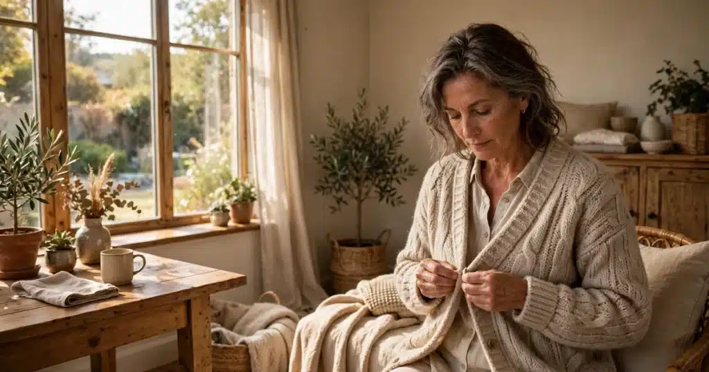Photo of a woman in her late 50s at home buttoning a soft cardigan with care, seated by a window in warm natural light