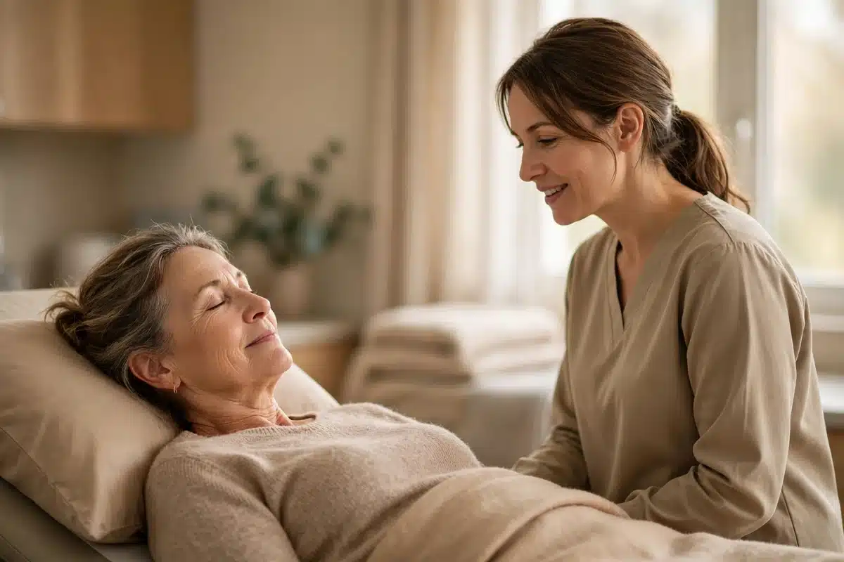 Woman resting calmly in a softly lit room while a nurse speaks with her
