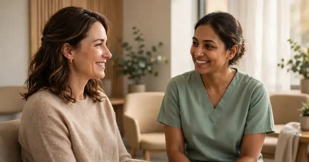 Woman talking with a friendly radiology technologist in a bright, calm imaging room