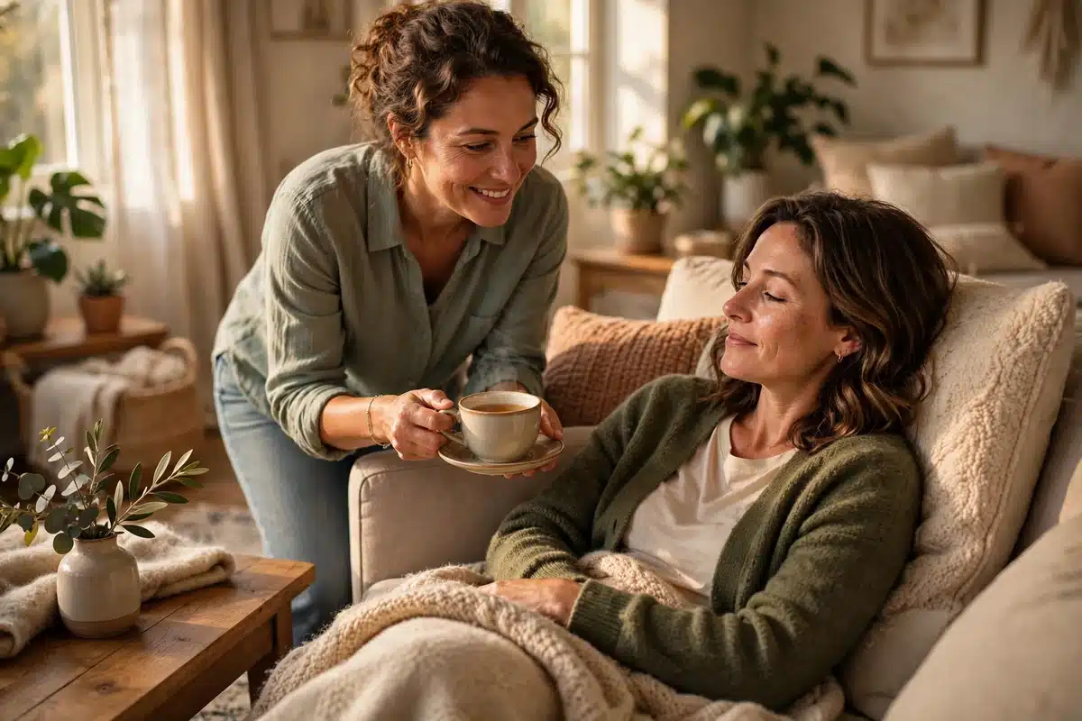 Photo of a woman resting on a sofa at home with a cushion while a friend brings her a cup of tea, warm afternoon light