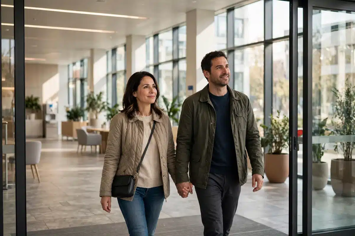 Photo of a woman and her partner walking together into a bright hospital entrance hall, calm and hopeful