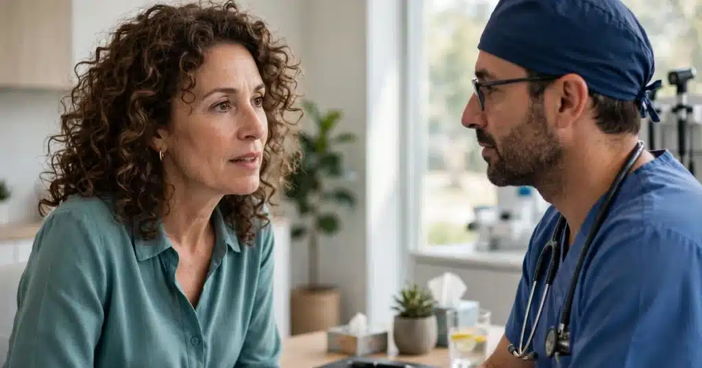 Photo of a woman in her 40s with curly brown hair talking with her surgeon across a desk in a bright clinic office