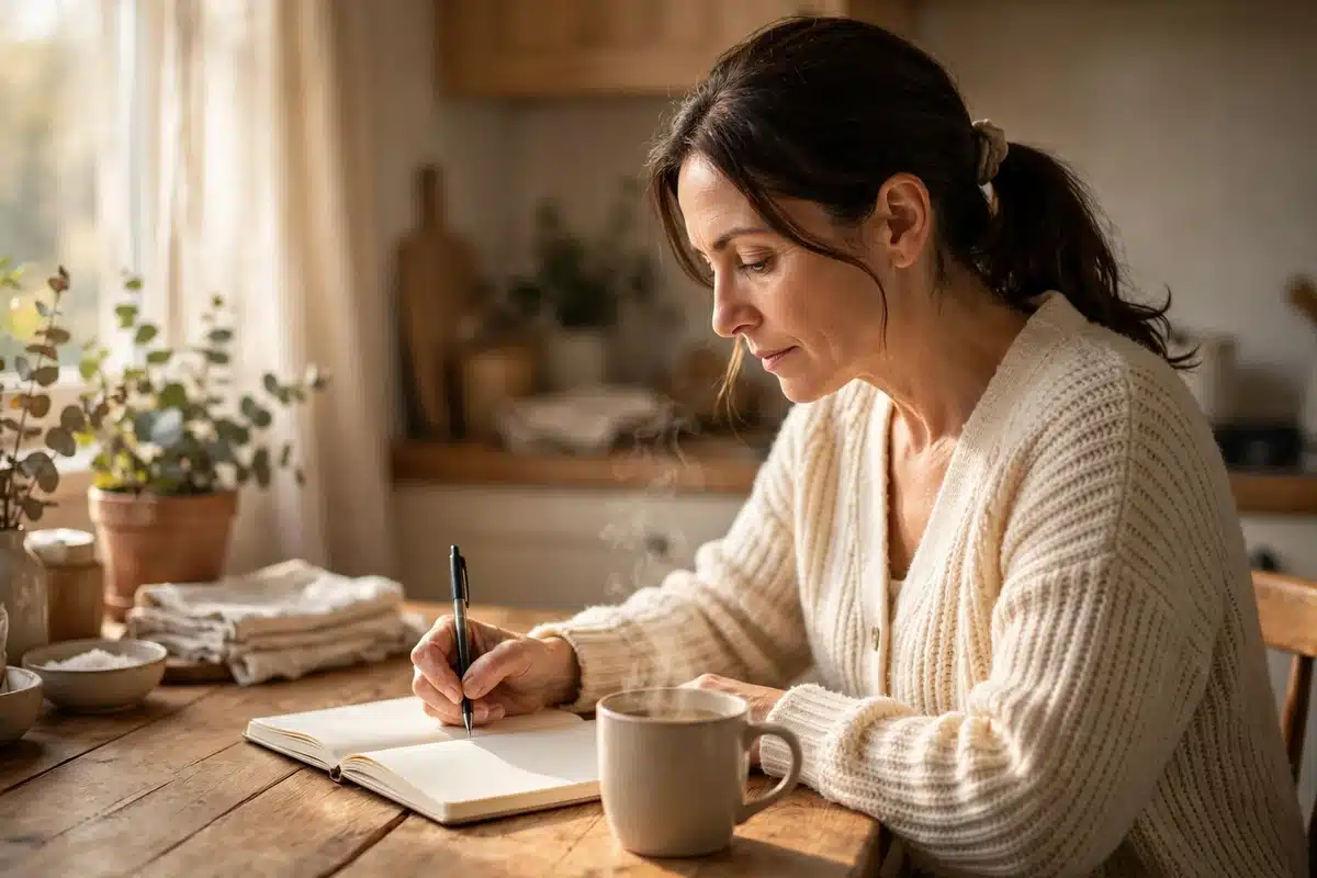 Photo of a woman writing notes in a notebook at her kitchen table at home