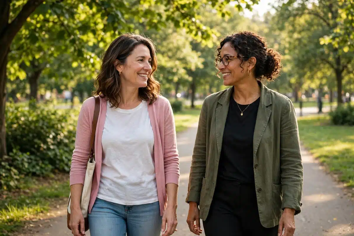 Photo of two women friends walking and talking together in a sunny park