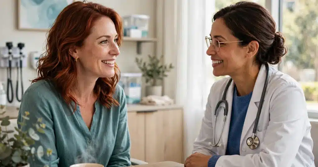 Photo of a woman in her 40s talking with her doctor in a bright clinic office