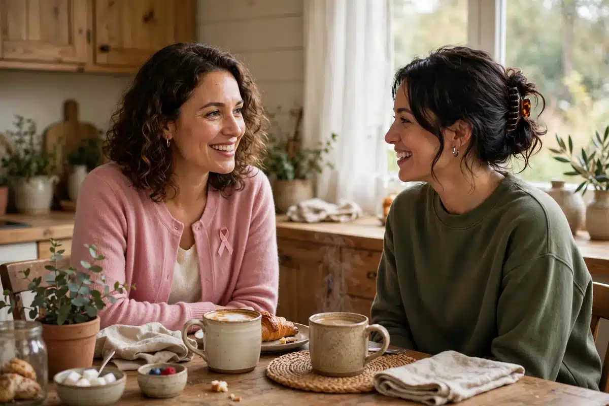 Photo of two women friends talking over coffee at home, one wearing a soft pink cardigan and a small plain pink ribbon pin
