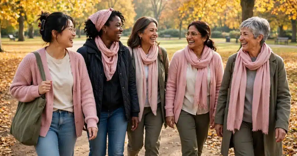 Photo of a group of women walking together at a breast cancer awareness event, wearing soft pink scarves